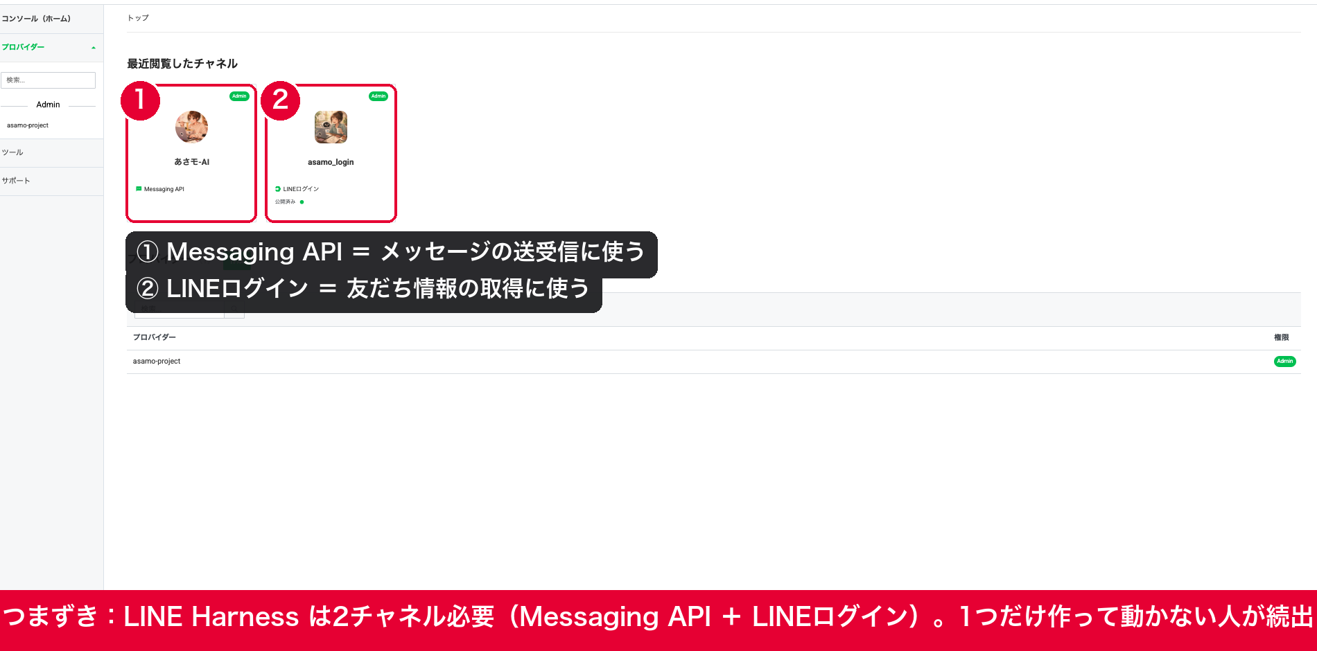 LINE Developers の2つのチャネル（Messaging APIとLINEログイン）