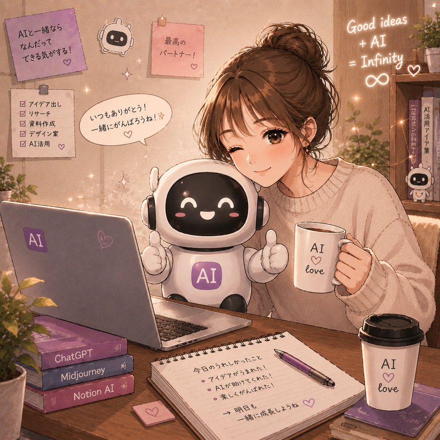 ノートPCの前で、白い相棒のAIロボットと一緒に作業する大人の女性キャラクター『あさモ』のイラスト